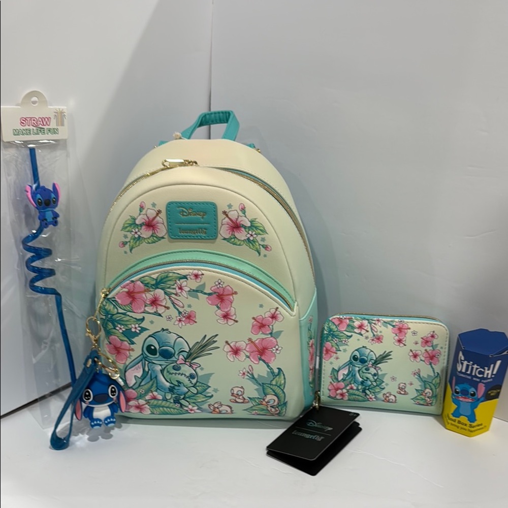 Loungefly Stitch Scrump Backpack, Wallet, Keychain, Straw & Stitch Sonny Angel
